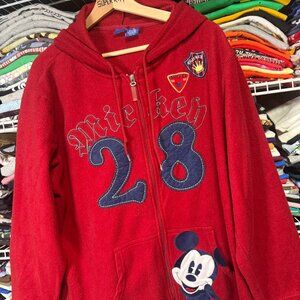 Disney Mickey Mouse comfy red zip up hoodie embroidered patches XXL.